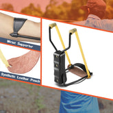 Black slingshot with yellow bands, wrist support, and synthetic leather pouch