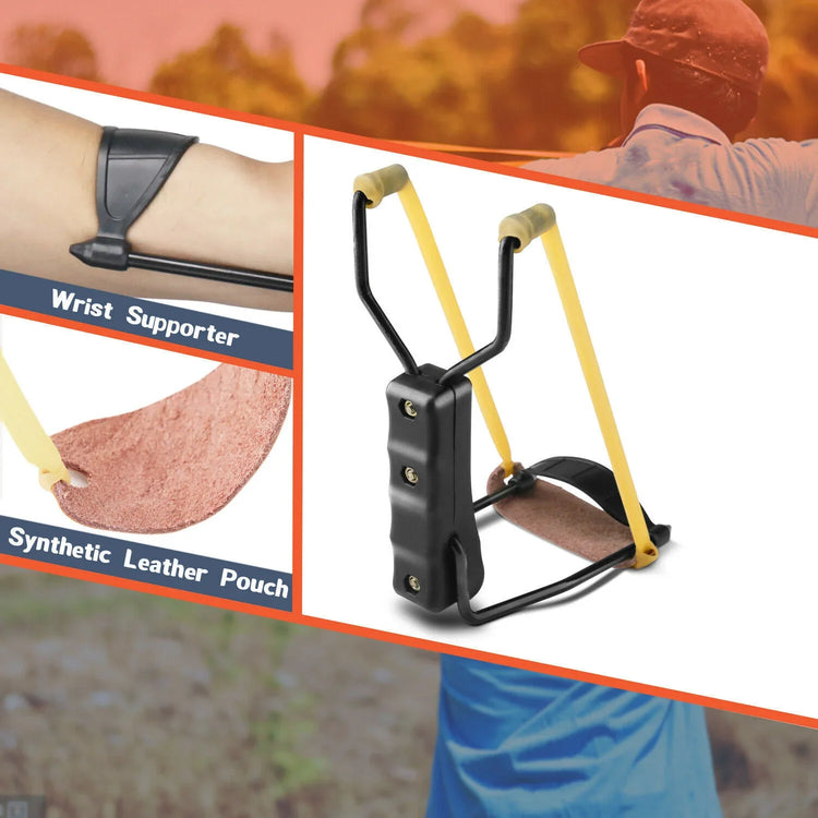 Black slingshot with yellow bands, wrist support, and synthetic leather pouch