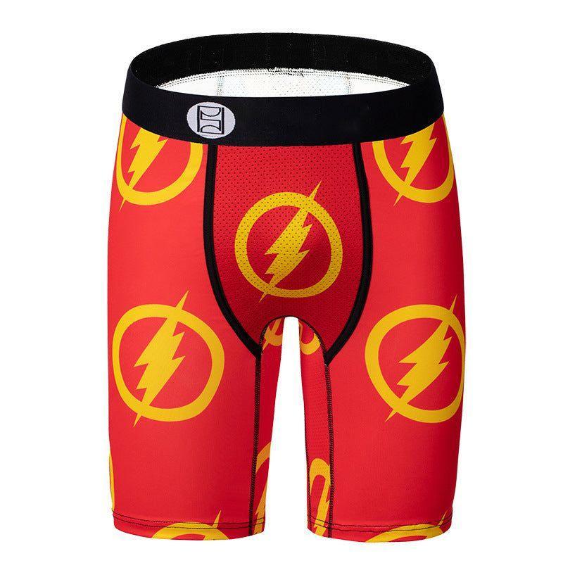 Red compression shorts with yellow lightning bolt pattern, black waistband, athletic fit