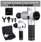 Silver and black massage gun with four interchangeable heads, LED touchscreen, and carrying case.