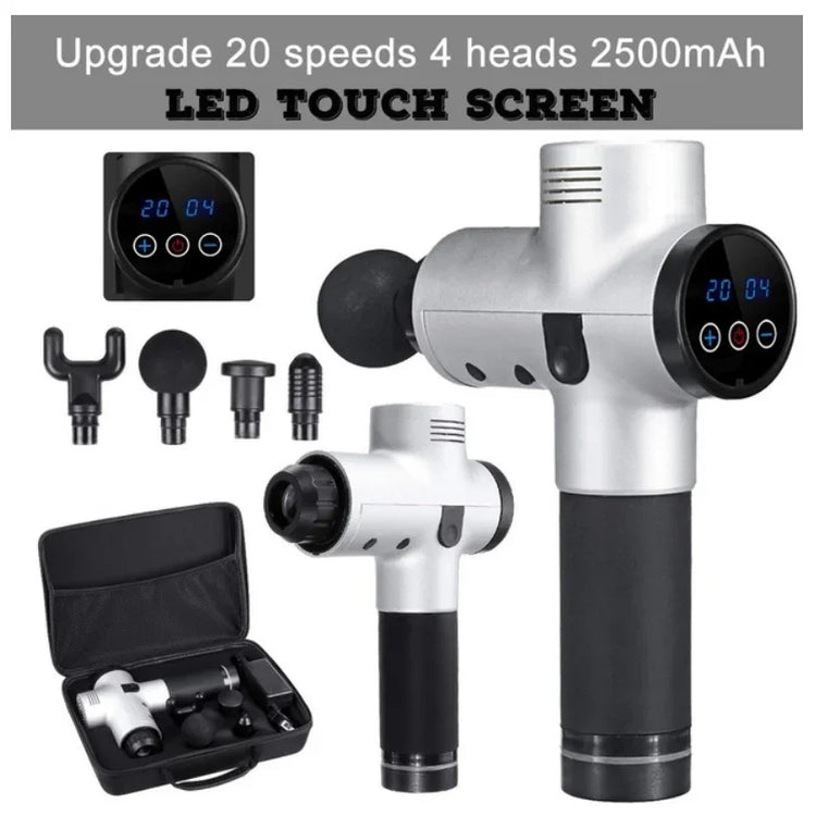 Silver and black massage gun with four interchangeable heads, LED touchscreen, and carrying case.