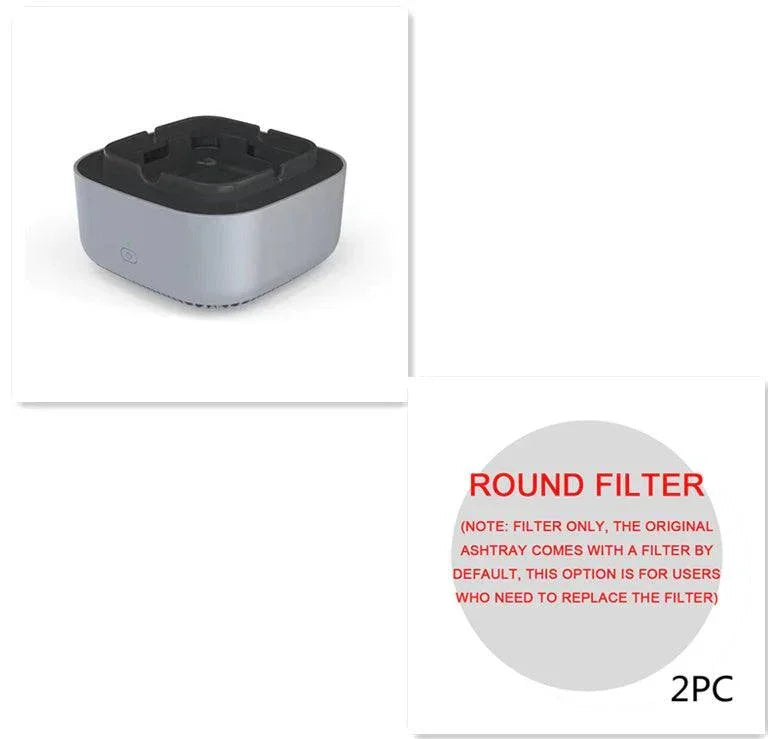 Square metallic ashtray with black top and round filter replacement pack, modern minimalist design.
