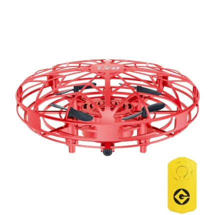 Red circular drone with protective cage design, black propellers, and a small yellow remote.