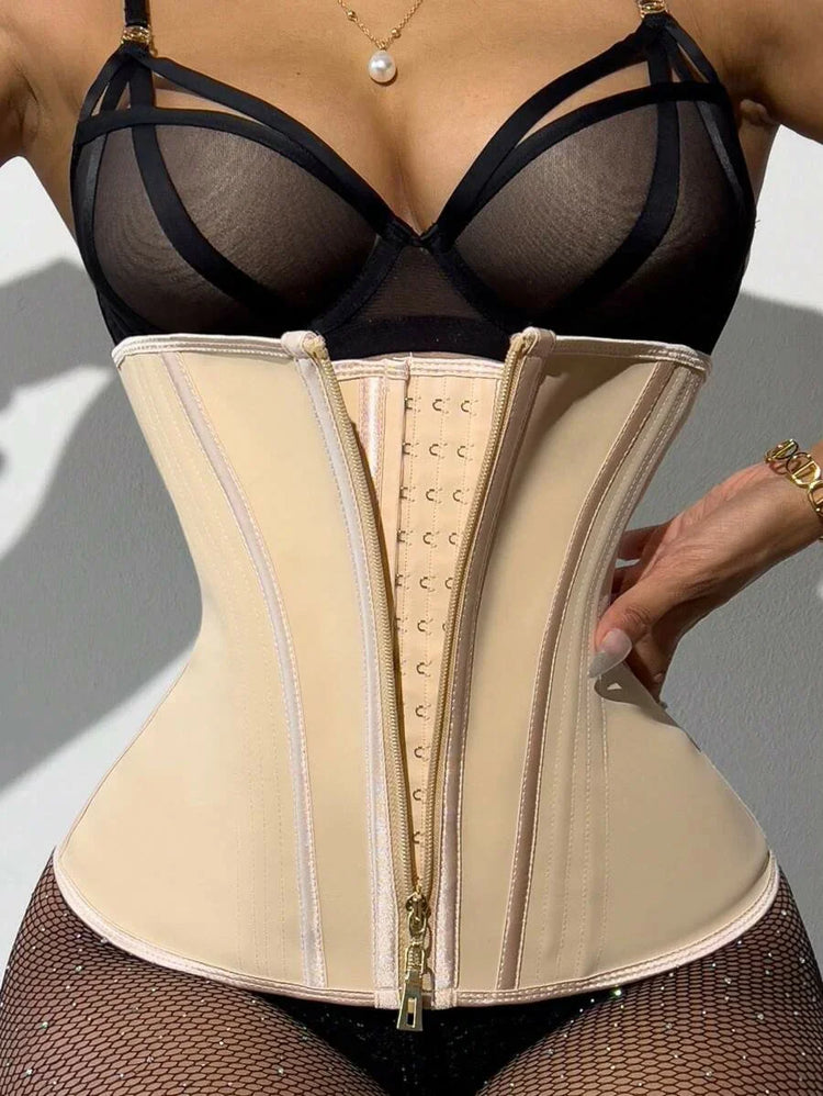 Beige waist trainer corset with front zipper, structured fit, worn over black mesh lingerie
