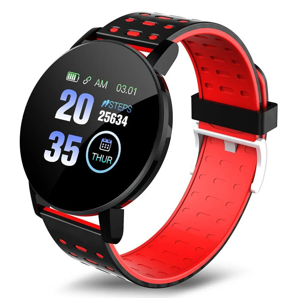 Futuristic black and red smart watch with silicone perforated strap and round display