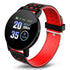 Futuristic black and red smart watch with silicone perforated strap and round display