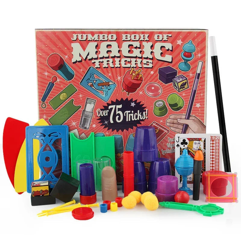 Colorful magic tricks set with props, cups, sponge balls, cards, and plastic wand