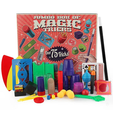 Colorful magic tricks set with props, cups, sponge balls, cards, and plastic wand