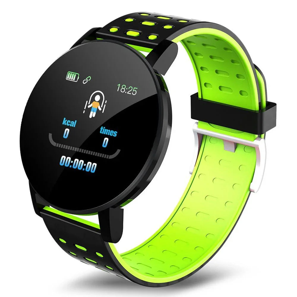 Black and neon green silicone fitness smartwatch with round digital display