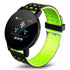 Black and neon green silicone fitness smartwatch with round digital display