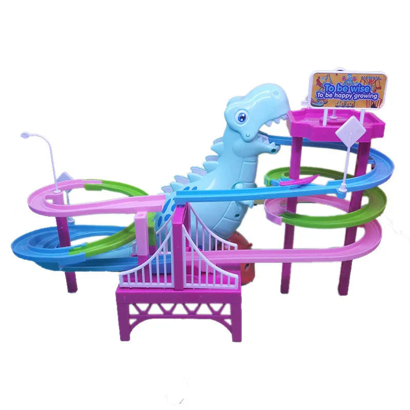 Pastel plastic dinosaur-themed roller coaster toy with pink, blue, and green tracks