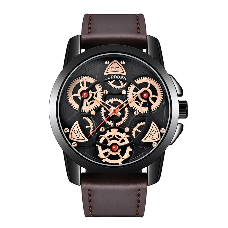 Men’s skeleton watch with black case, rose gold gears, and brown leather strap