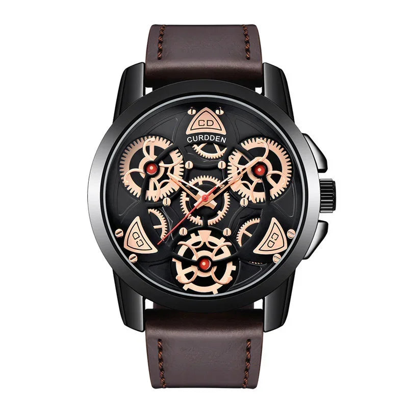 Men’s skeleton watch with black case, rose gold gears, and brown leather strap