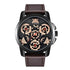 Men’s skeleton watch with black case, rose gold gears, and brown leather strap
