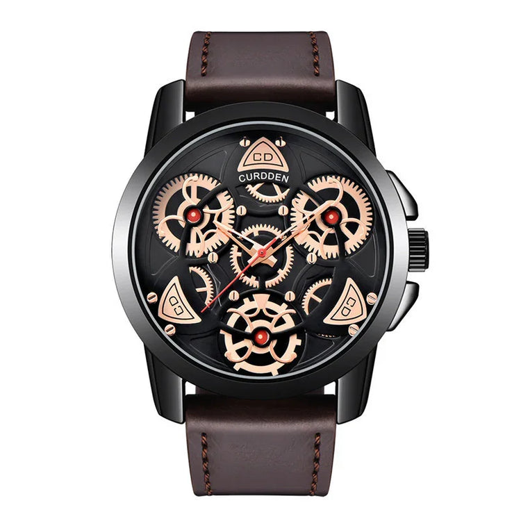 Men’s skeleton watch with black case, rose gold gears, and brown leather strap