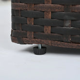 Close-up of dark brown woven basket with adjustable screw foot on light surface
