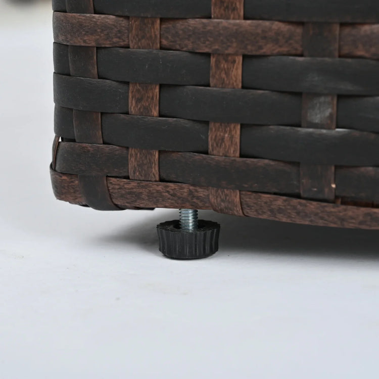 Close-up of dark brown woven basket with adjustable screw foot on light surface