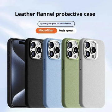 Assorted iPhone cases in black, blue, green, and gray with leather flannel texture and slim fit.