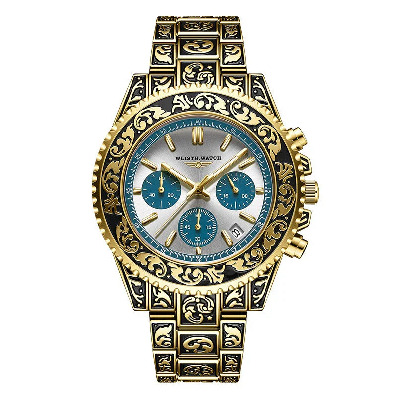 Ornate gold and black metal watch with intricate engraving, blue chronograph dials, silver face