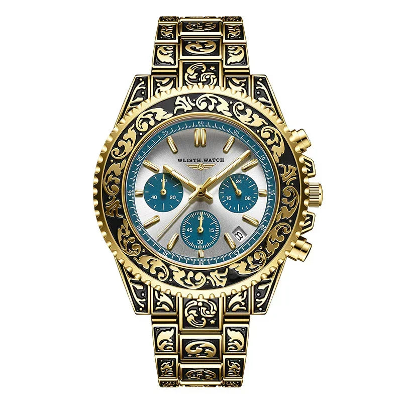 Ornate gold and black metal watch with intricate engraving, blue chronograph dials, silver face