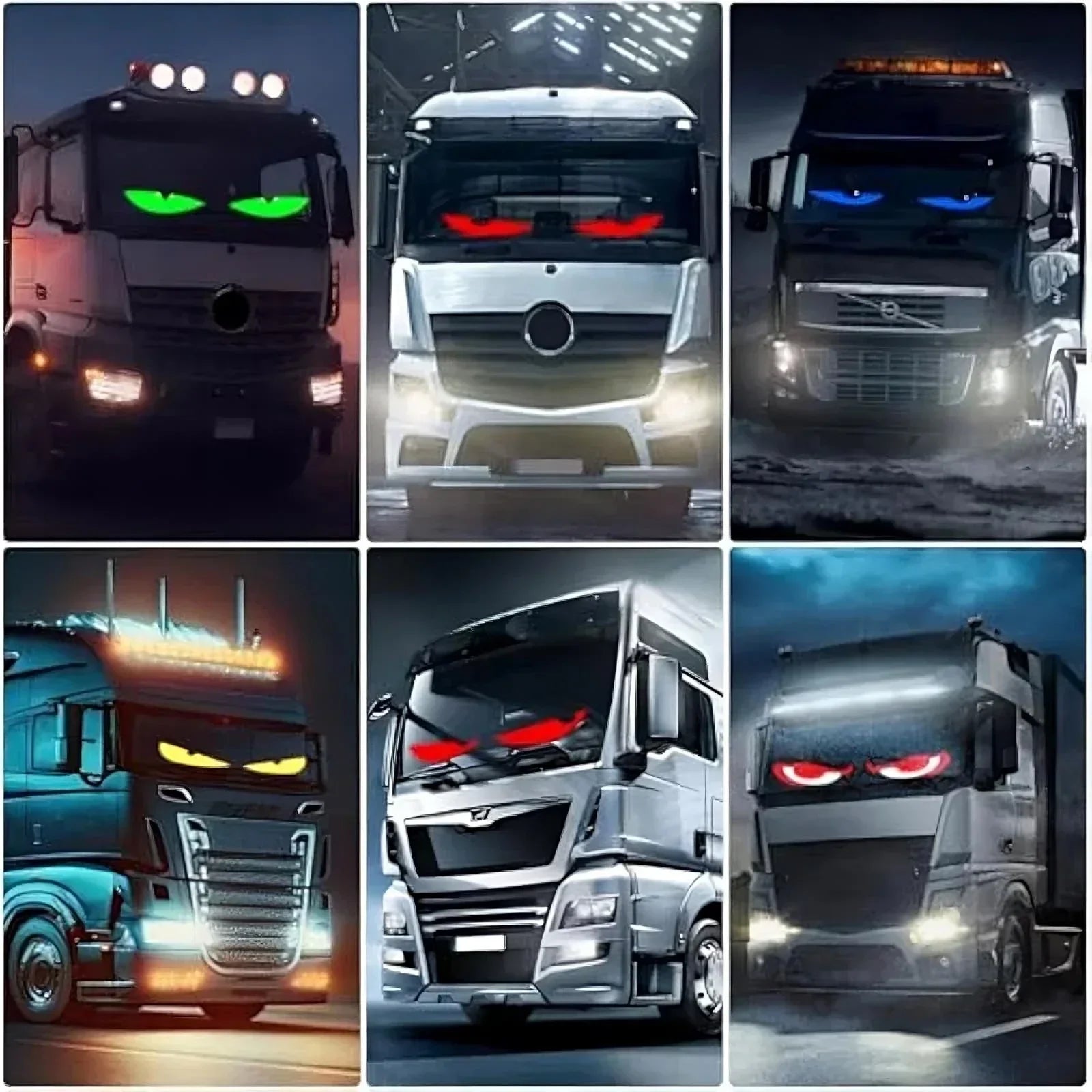 Six semi trucks with colorful glowing eyes on windshields, photographed at night or dusk.