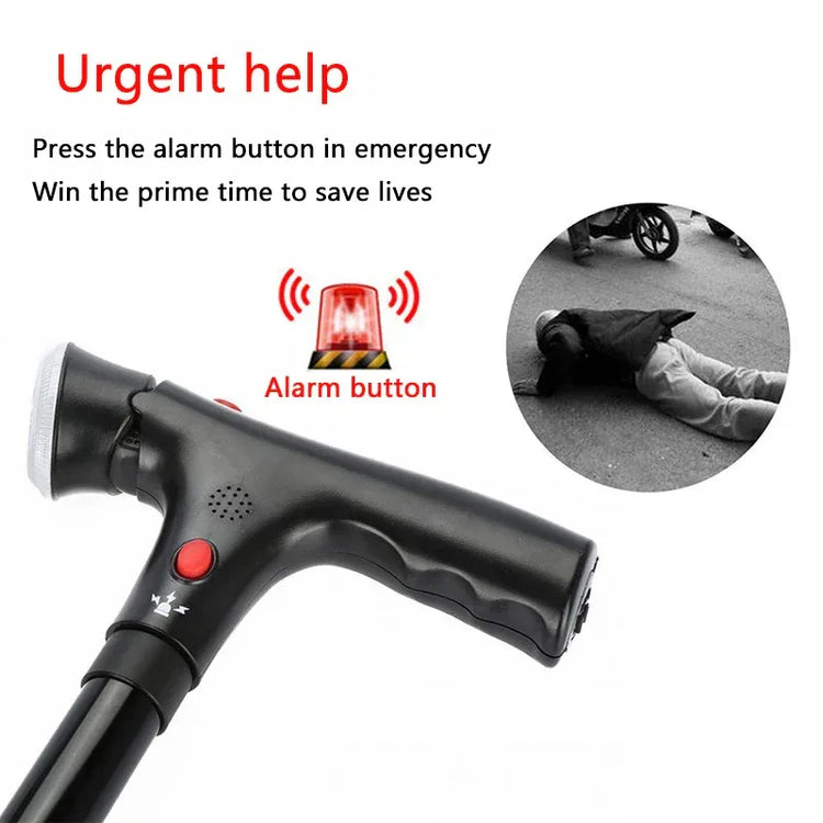 Black ergonomic walking cane with emergency alarm button and red alert light, for personal safety.