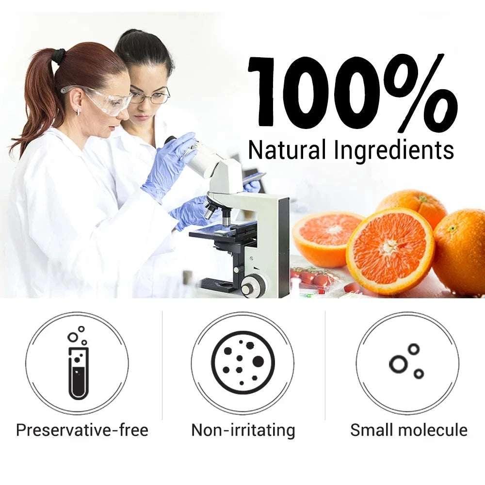Scientists in white lab coats and gloves using a microscope, with fresh oranges and icons highlighting preservative-free, non-irritating, and small molecule natural ingredients.