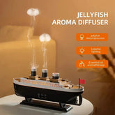 Ship-shaped jellyfish aroma diffuser with steam, colorful lighting, and essential oil function.