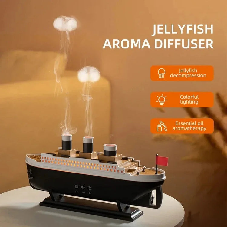 Ship-shaped jellyfish aroma diffuser with steam, colorful lighting, and essential oil function.
