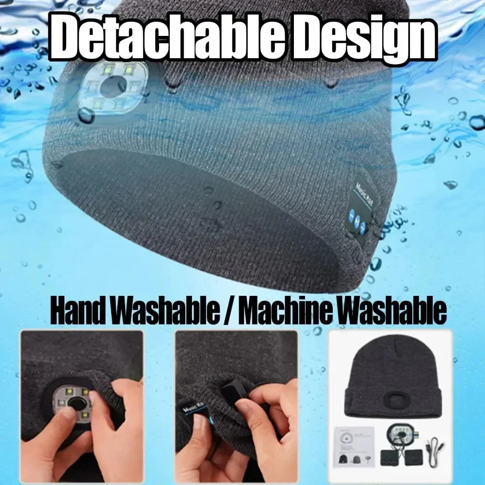 Dark grey knitted beanie hat with detachable LED light, water-resistant, washable, unisex fit.