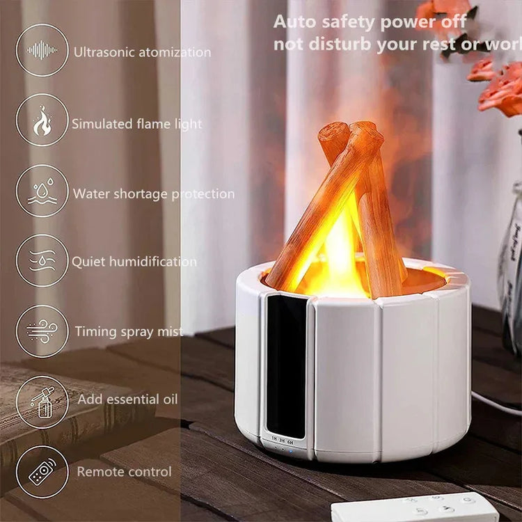 White tabletop humidifier with simulated flame light, wood accents, and modern design