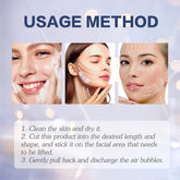 Three women demonstrate facial lifting tape application steps, focusing on skincare routine.