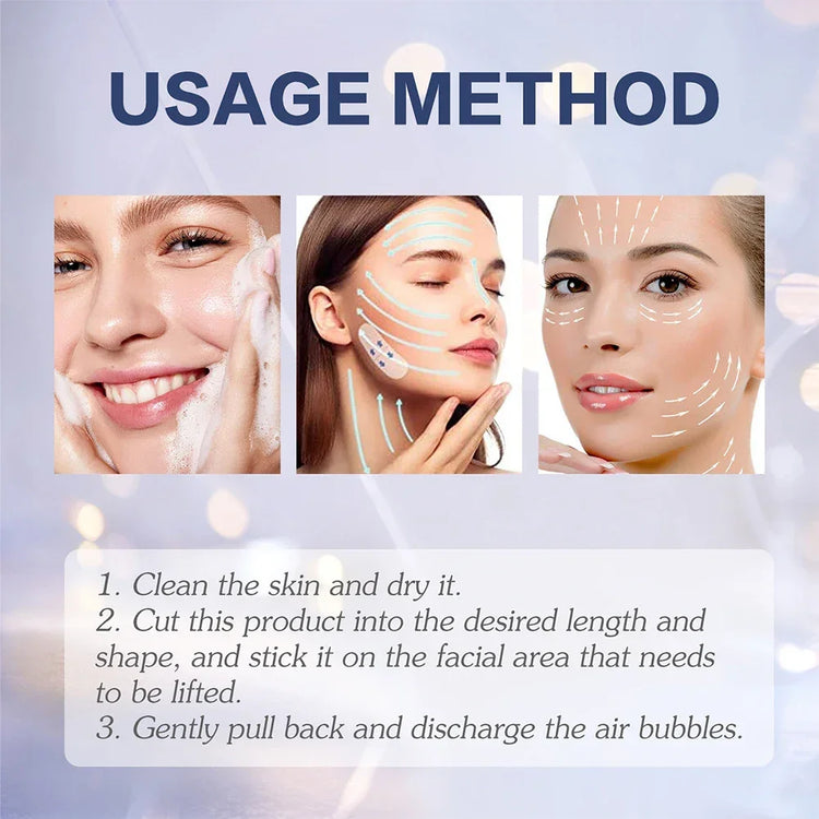 Three women demonstrate facial lifting tape application steps, focusing on skincare routine.