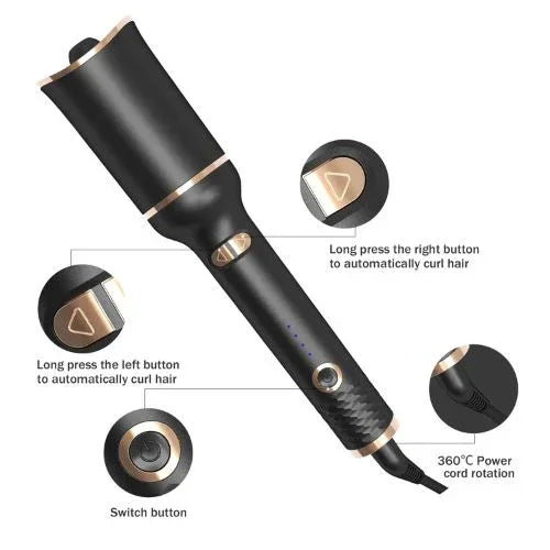 Black and gold automatic hair curler with rotating barrel and ergonomic handle