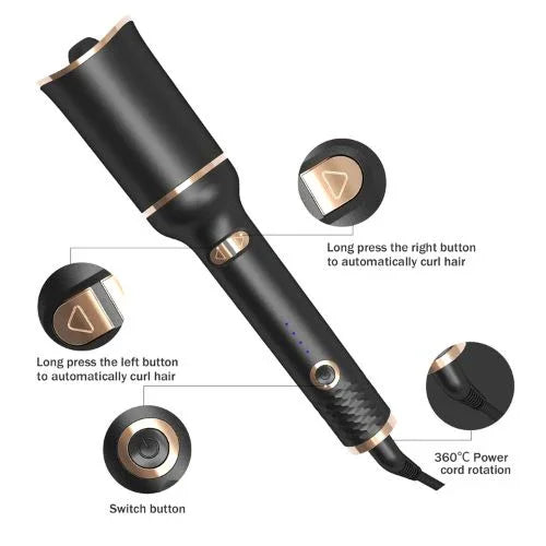 Black and gold automatic hair curler with rotating barrel and ergonomic handle