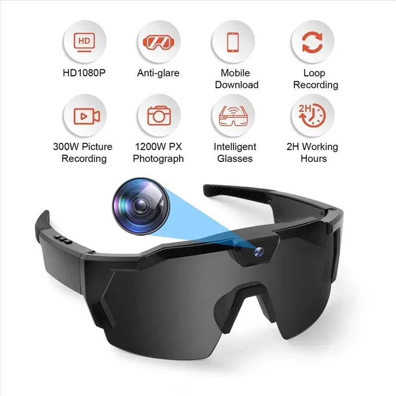 Futuristic black smart sunglasses with built-in camera, anti-glare lenses, wraparound fit