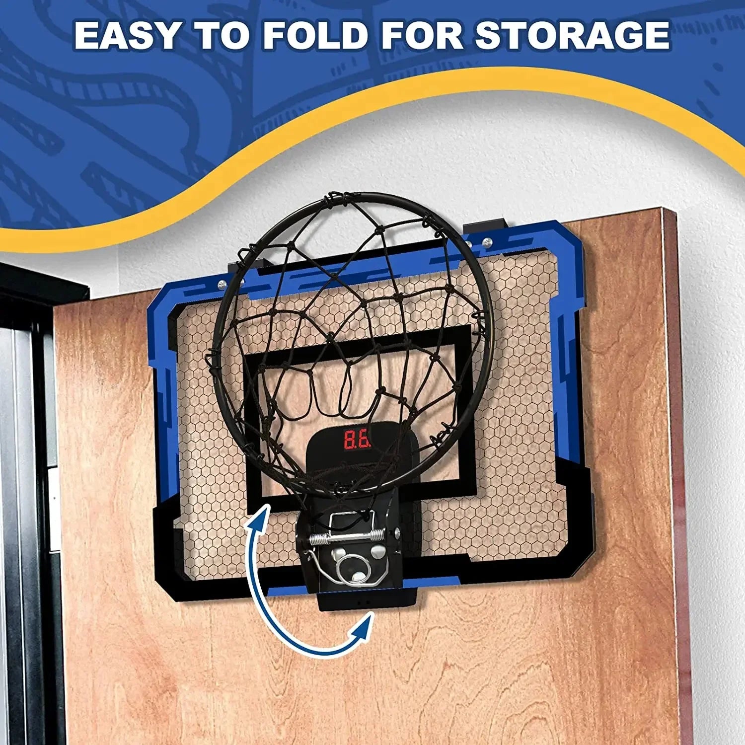 Over-the-door mini basketball hoop with folding black net, blue trim, and digital scoreboard