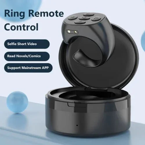 Black wireless smart ring remote control with charging case, ergonomic fit, minimal tech accessory