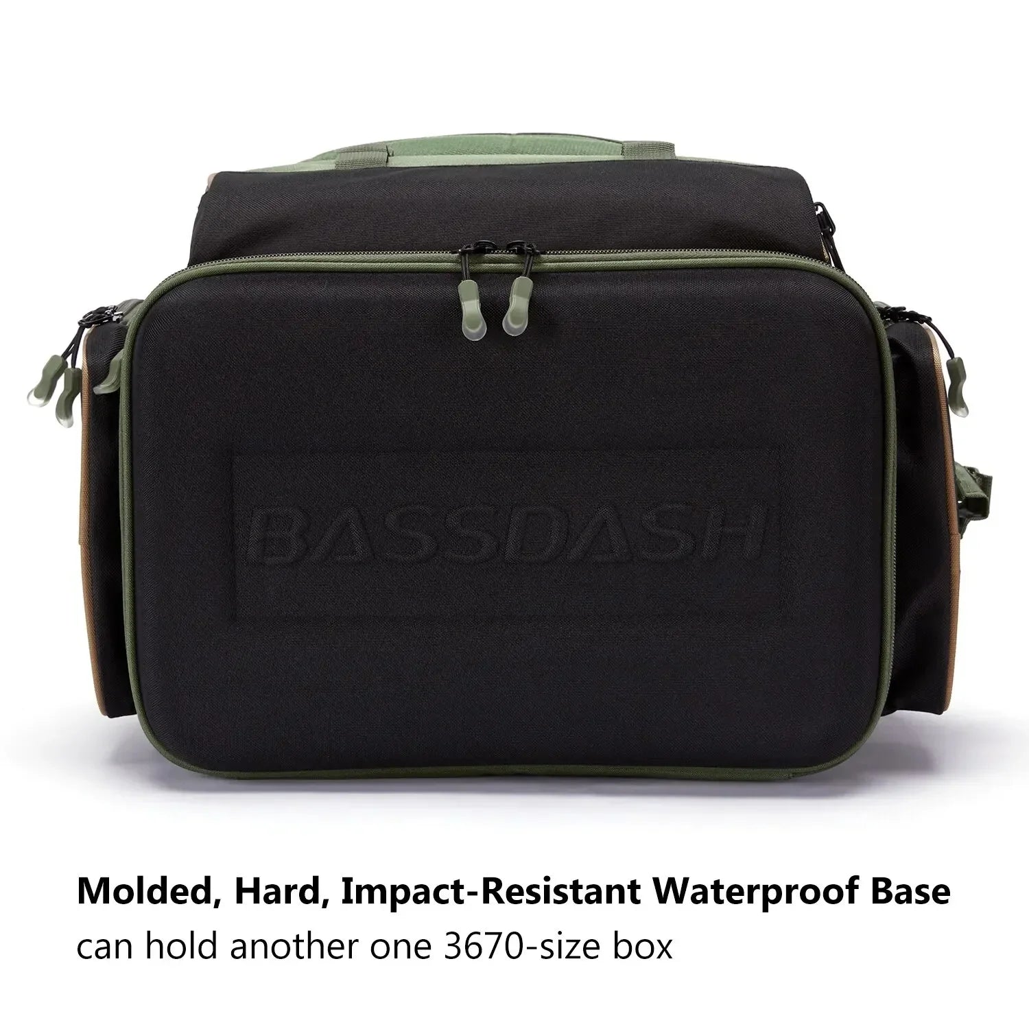 Black and olive green molded hard shell bag with impact-resistant waterproof base, front view