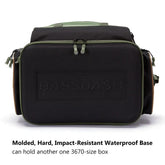 Black and olive green molded hard shell bag with impact-resistant waterproof base, front view