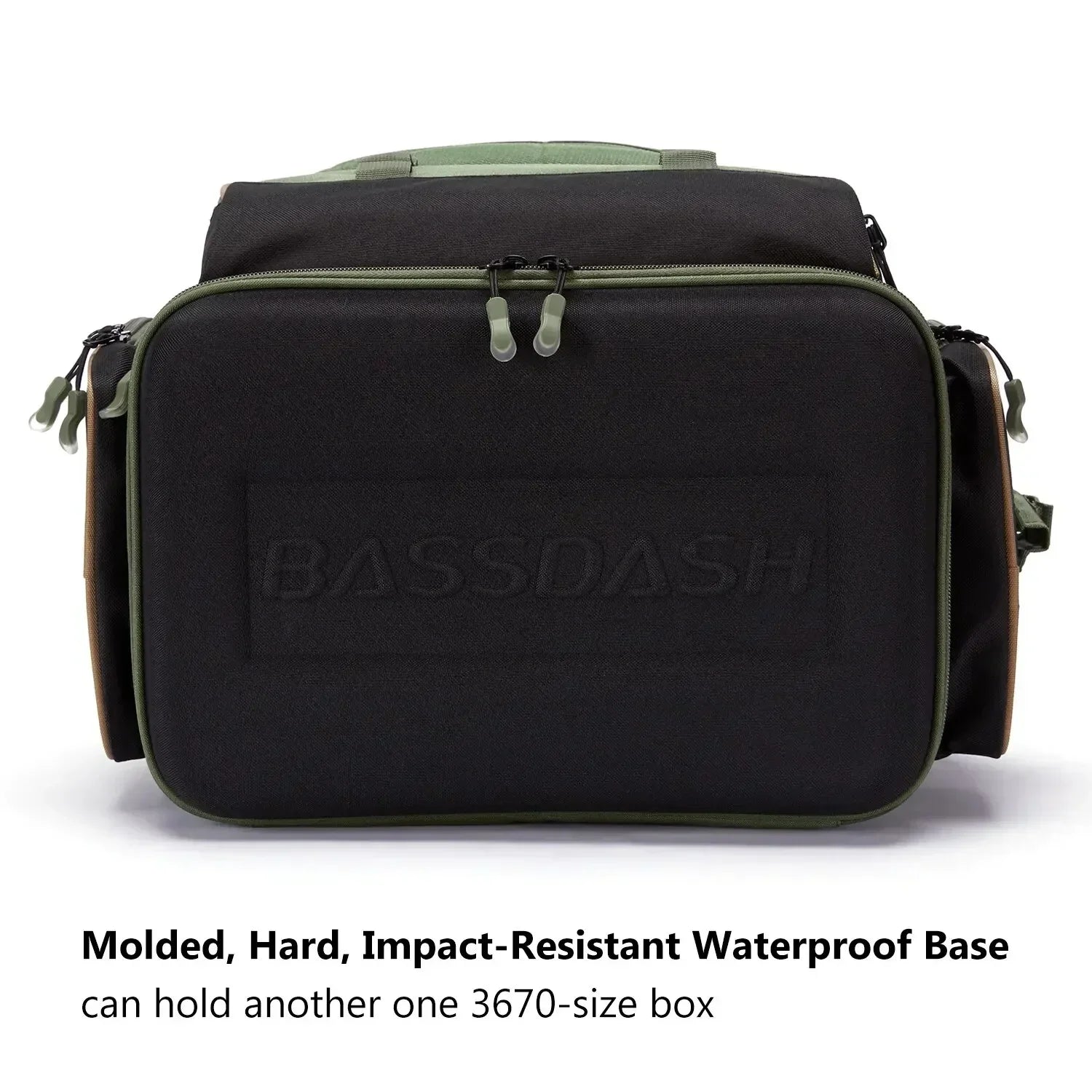 Black and olive green molded hard shell bag with impact-resistant waterproof base, front view