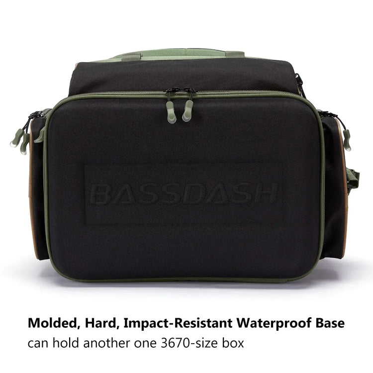 Black and olive green molded hard shell bag with impact-resistant waterproof base, front view