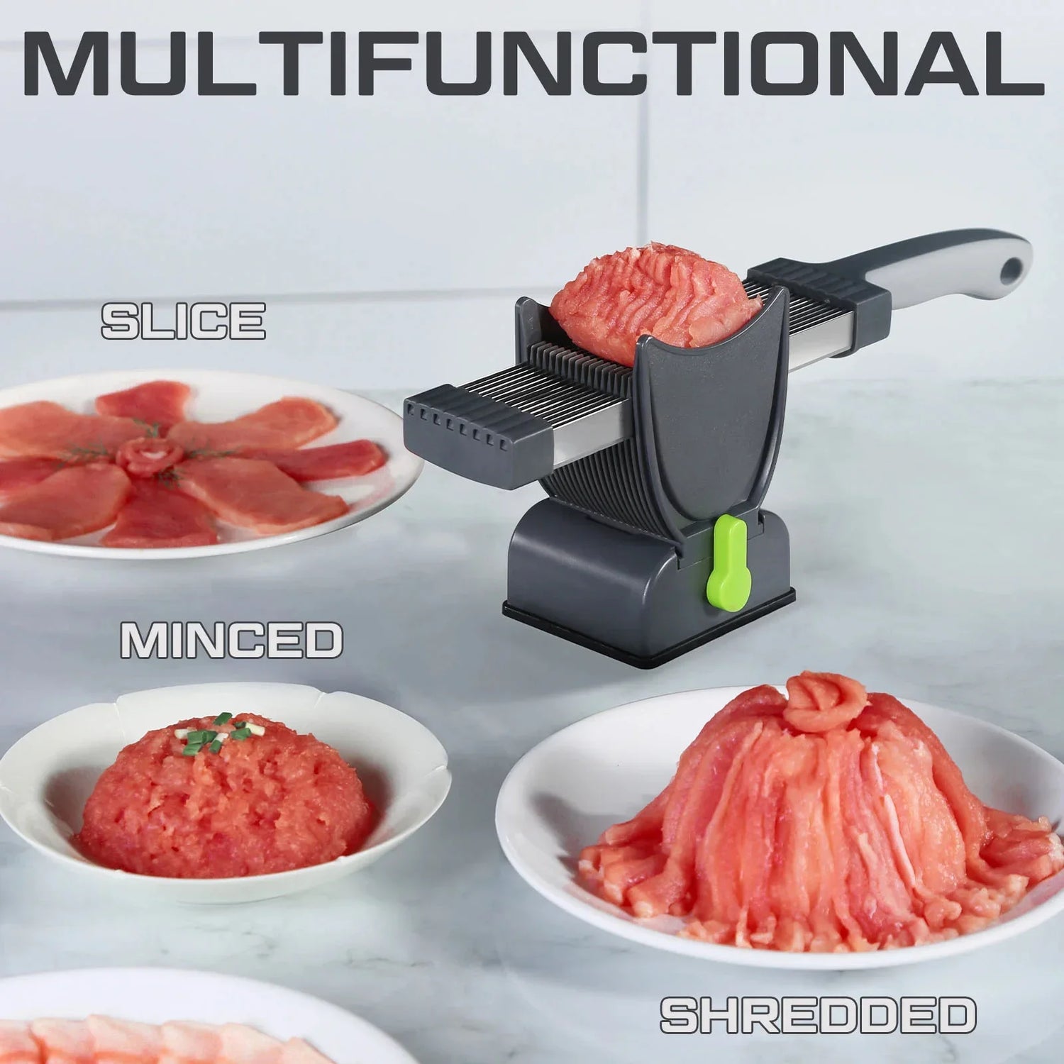 Multifunctional meat slicer on countertop, showing sliced, minced, and shredded meat on plates.