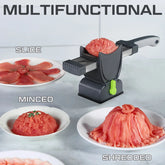 Multifunctional meat slicer on countertop, showing sliced, minced, and shredded meat on plates.