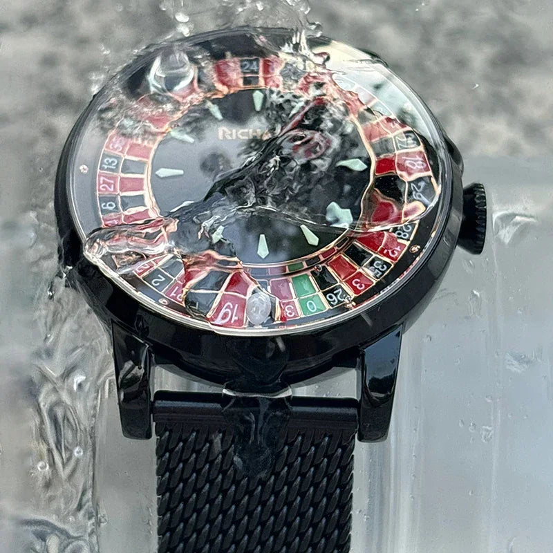 Black metal mesh strap watch with roulette wheel dial under running water, waterproof design