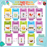 Educational flashcards for kids featuring colorful sight words with illustrations, including cards for clothing, animals, food, shapes, and vehicles.