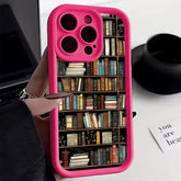 Pink phone case with bookshelf print, protective design, fits snugly, modern street style