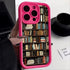 Pink phone case with bookshelf print, protective design, fits snugly, modern street style