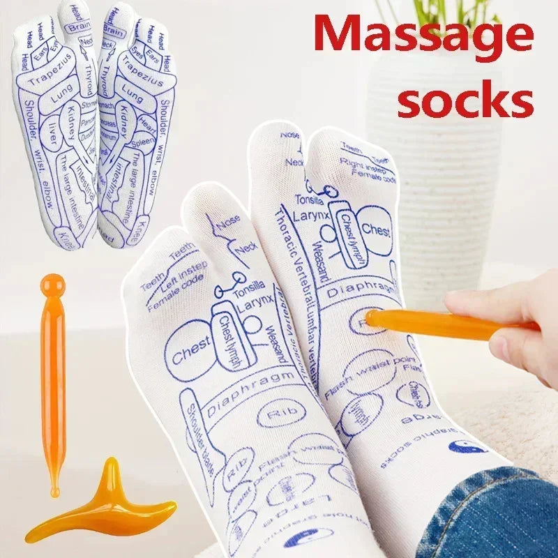 White massage socks with blue reflexology foot chart print, cotton material, relaxed fit