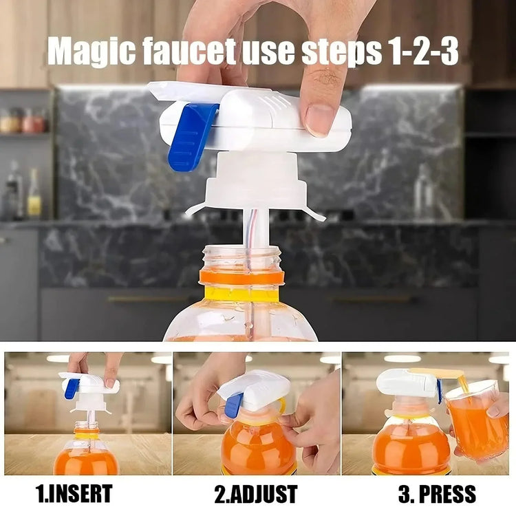 Step-by-step guide showing a white and blue plastic bottle pump dispenser attached to a juice bottle, demonstrating how to insert, adjust, and press the drink dispenser in a modern kitchen setting.